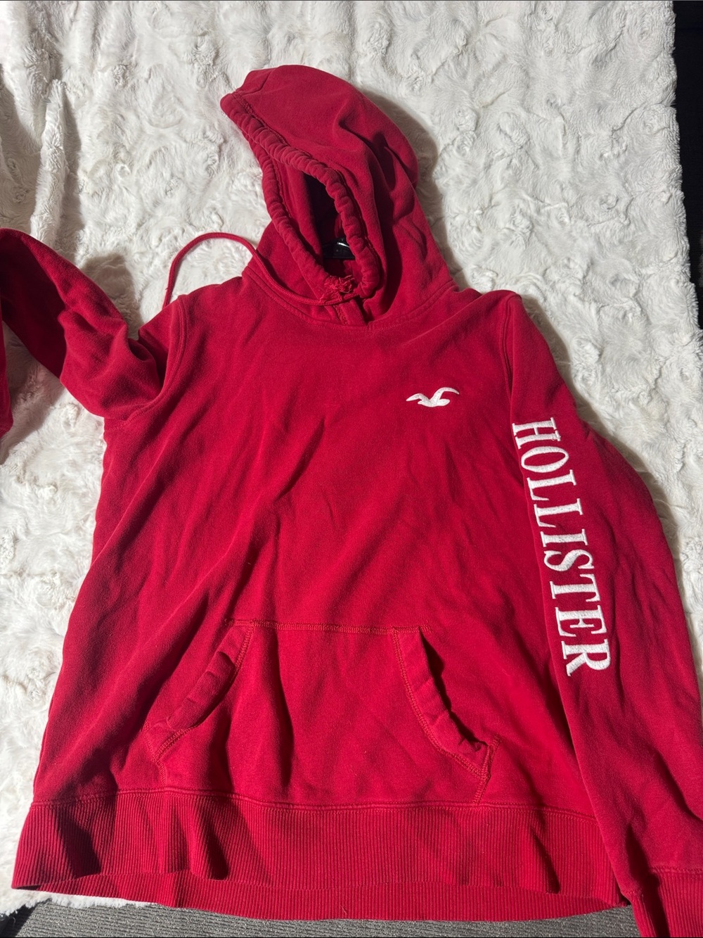 Hollister Bright Red Hoodie with White Logo and Sleeve Text